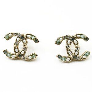 Chanel Gold CC Seed Pearl Mint Crystal PIercing Earrings